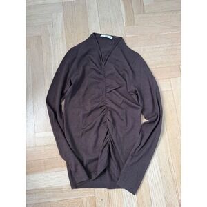 Prada Vintage Brown Virgin Wool Silk Ruched Mock Neck Long Sleeve Top IT 42